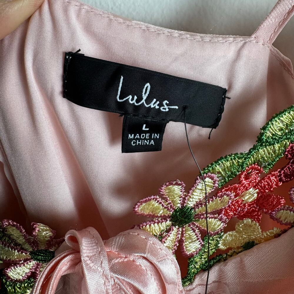 Lulus Pink Satin Floral Midi Dress Embroidered Large NWT Wedding Y2K Fairy - Picture 11 of 15